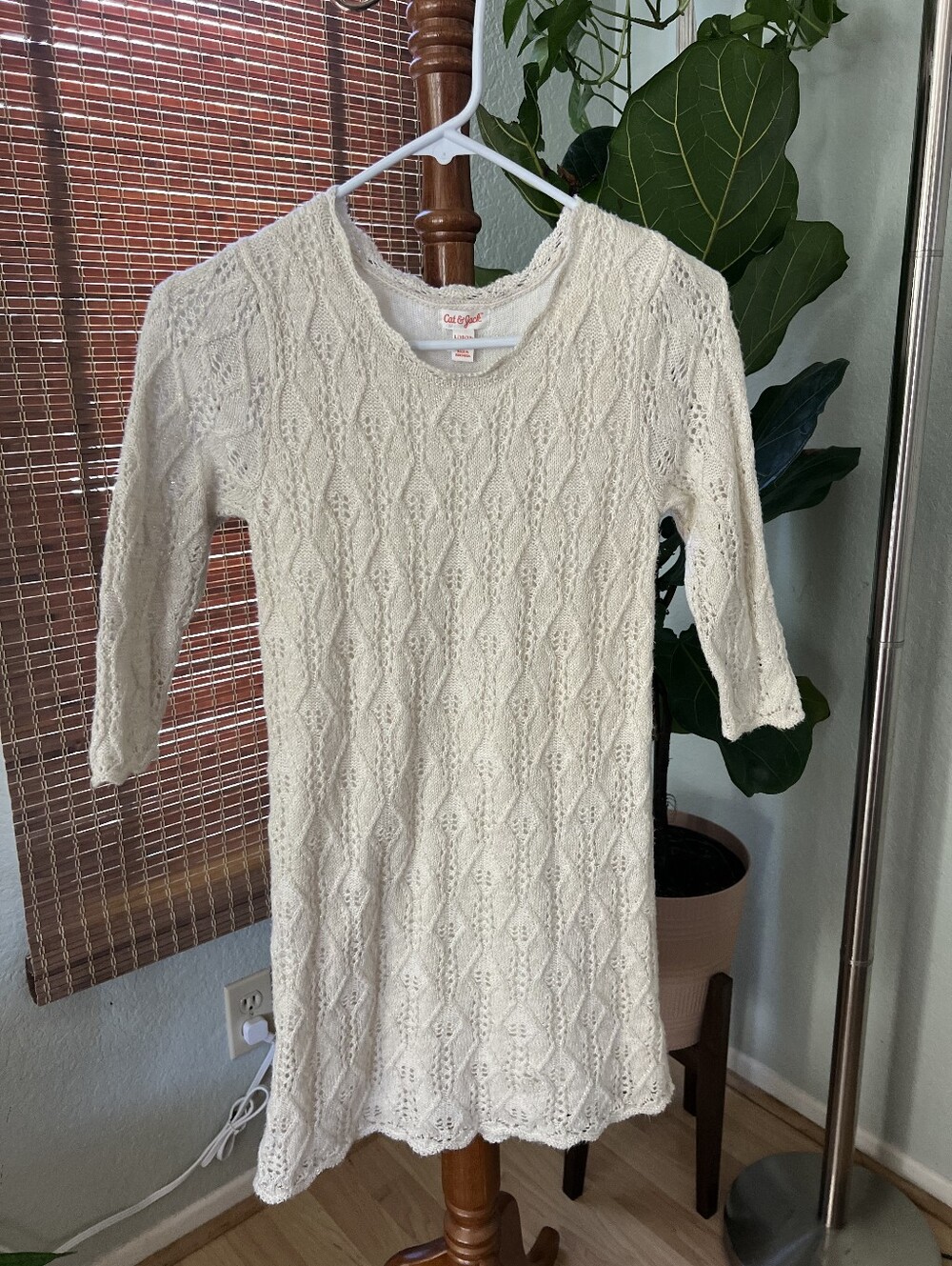 Cat & Jack Cream Knit Lace-Pattern Sweater Dress